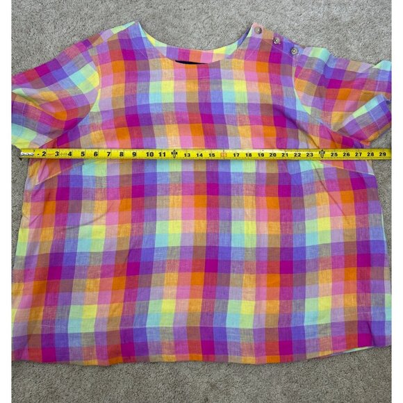Lands' End Top Women's Multicolor Rainbow Plaid 100% Linen Short Sleeve 2X - Picture 8 of 8